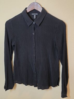 Eileen Fisher Black Ribbed SILK Button-Front Shirt Classy Elegance